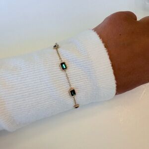 Gold Plated Stainless Steel Emerald Rectangle Charm Bracelet